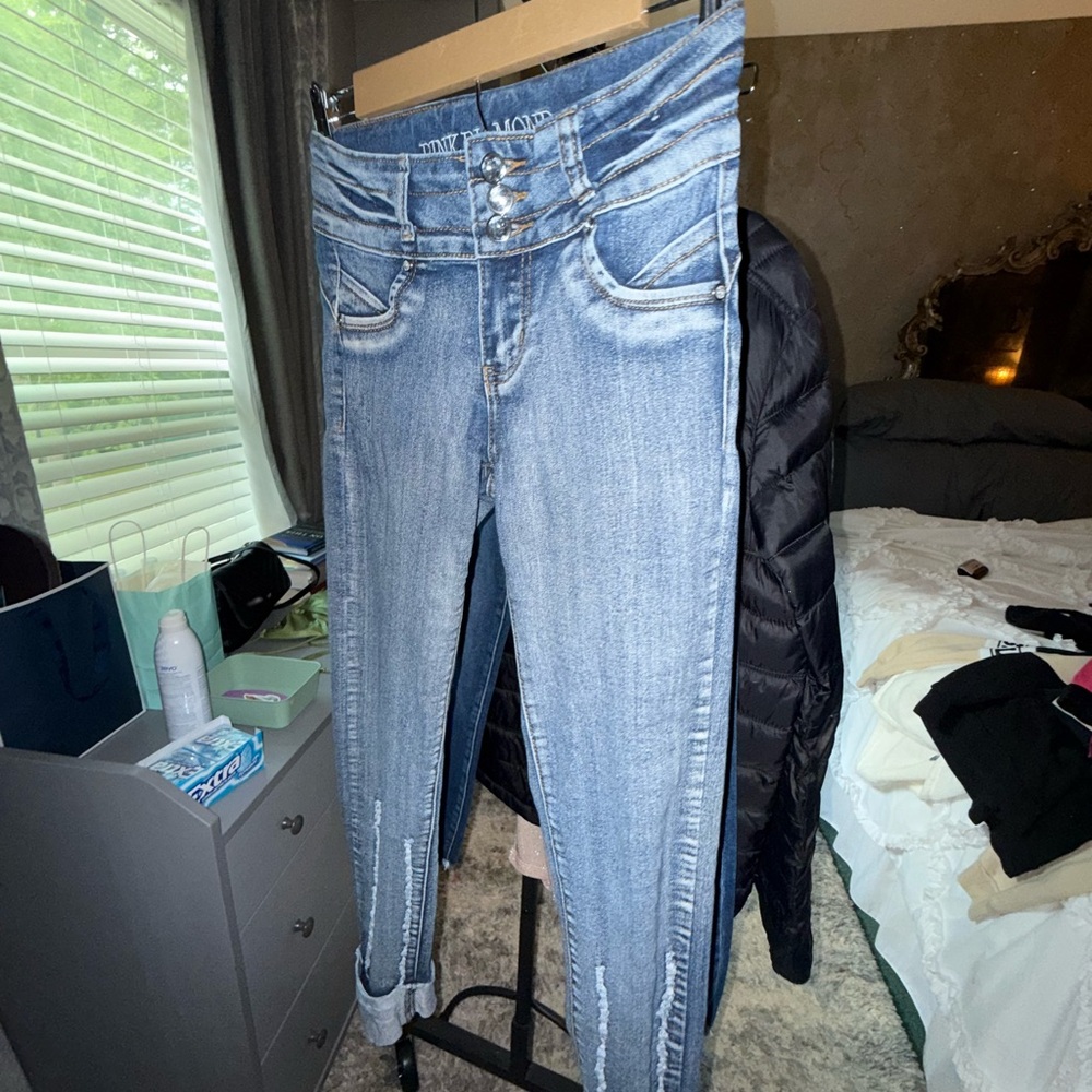 Blue Skinny Jeans with Unique Double-Button Waistband